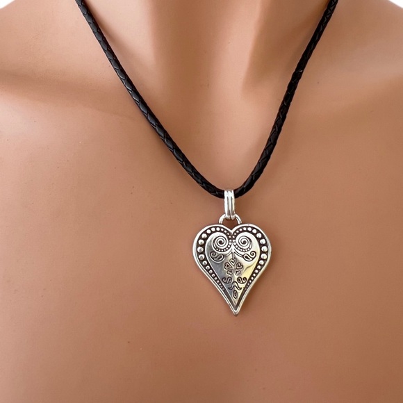 BRIGHTON Heart Necklace - Black Leather Cord 16.5”-18” silver plated heart. - Picture 1 of 5